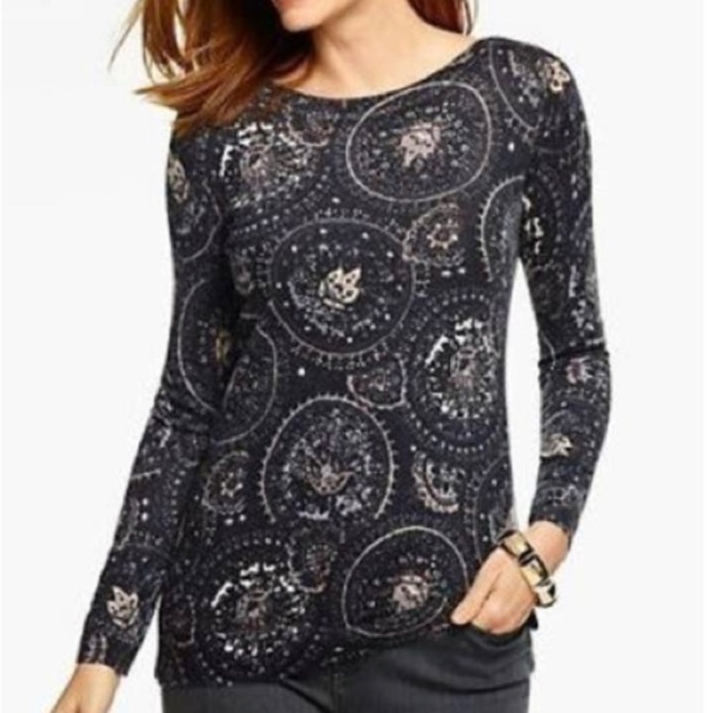 Black Print Pure Merino Wool Sweater | Talbots | Size XL